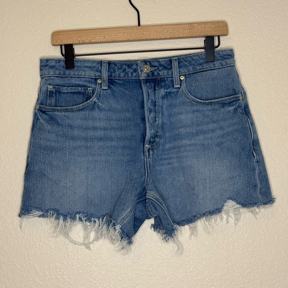 PAIGE Noella High Rise Denim Shorts 27 Petite Raw Hem Button Fly Serine